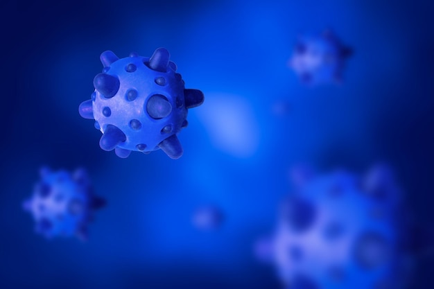 COVID19 influenza o gripe coronavirus fondo azul SARSCoV2 corona virus bajo microscopio ilustración 3d Brote de coronavirus y pandemia