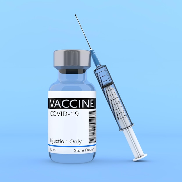 Covid19 Vaccine Vial Medicine Drug Flasche mit Spritze auf blauem Hintergrund 3D-Rendering