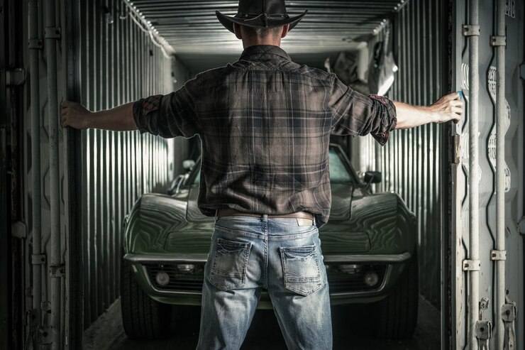 Foto cowboy abrindo seu depósito com carros clássicos poderosos dentro