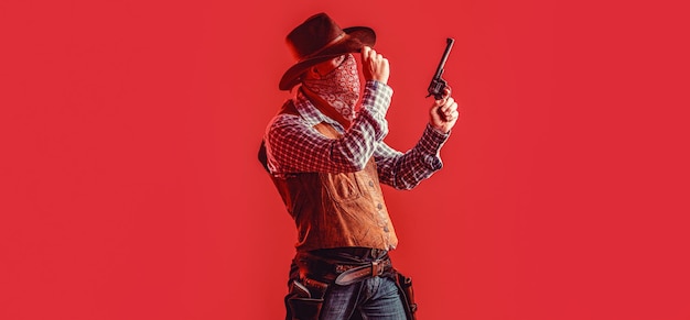Cowboy americano Cowboy usando chapéu Bandido americano com máscara homem ocidental com chapéu Homem usando chapéu de cowboy arma West guns
