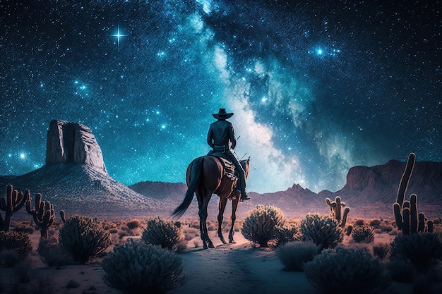 cowboy andando a cavalo à noite.