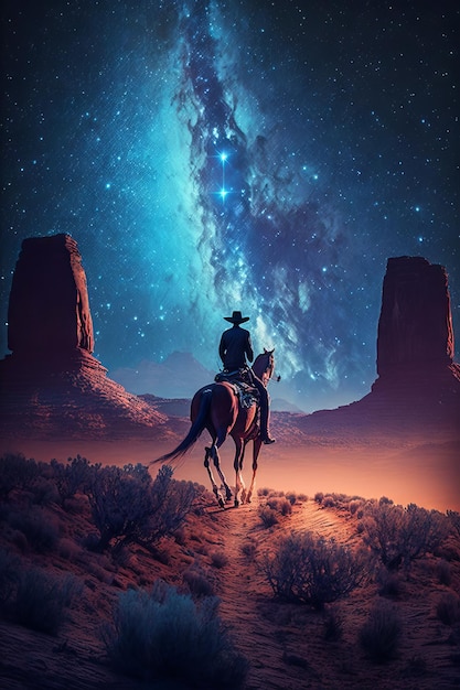 Cowboy andando a cavalo no deserto com uma via láctea Generative AI