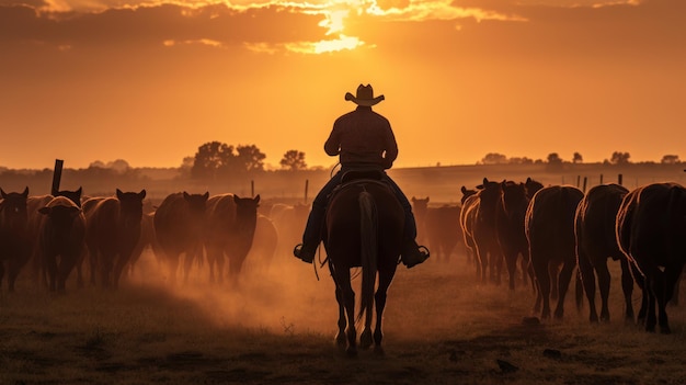 Cowboy andando a cavalo pastoreando vacas durante o nascer do sol na fazenda