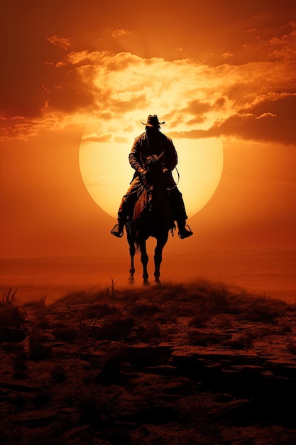 Cowboy auf Pferd bei Sonnenuntergang im amerikanischen Westen