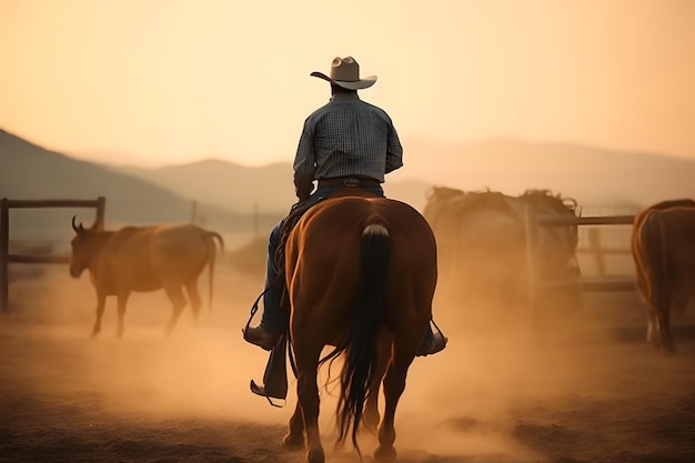 Cowboy auf Pferd, das Bullen-Neuronales Netzwerk mit dem Lasso wirft, wird von der KI erzeugt