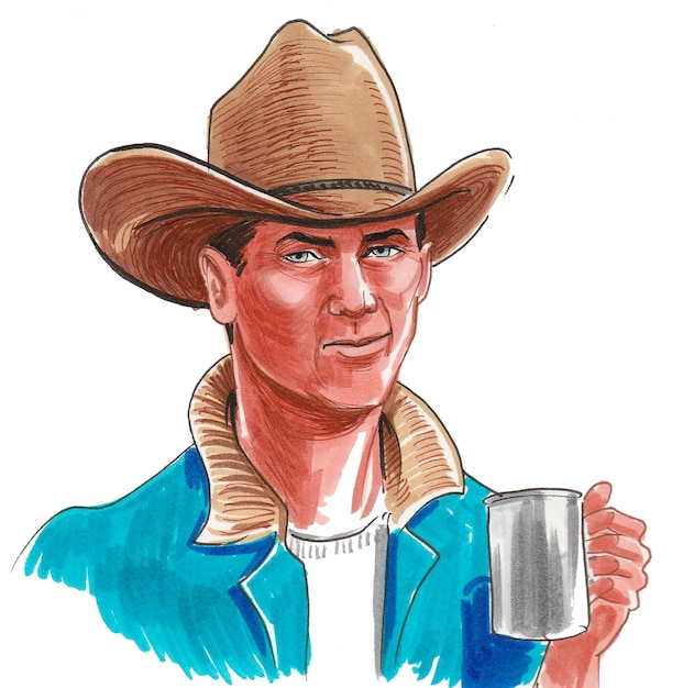 Cowboy bebendo uma xícara de café. Desenho a tinta e aguarela