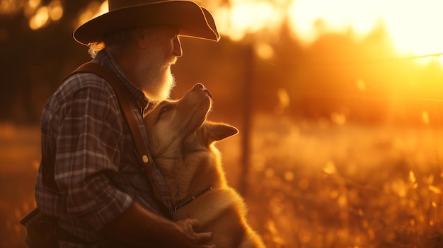 cowboy caucasiano idoso com seu cão ao ar livre ao pôr do sol conceito de tranquilidade e despreocupação