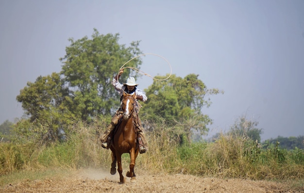 Cowboy com um cavalo e uma arma na mão