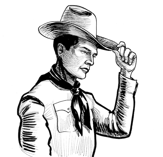 Cowboy de chapéu. Desenho de tinta preto e branco