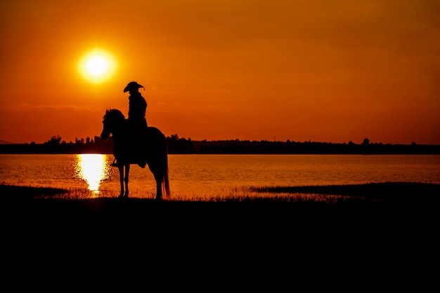 Cowboy de silhueta a cavalo