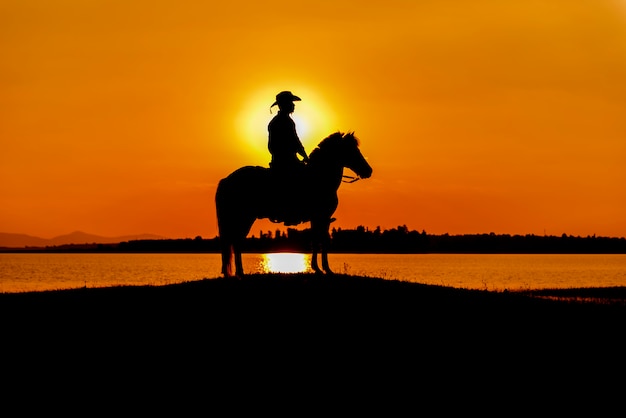 Cowboy de silhueta a cavalo