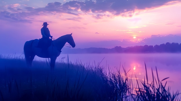 Cowboy, der bei Sonnenaufgang am See reitet