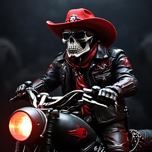 cowboy do crânio com chapéu vermelho em motocicleta AI escuro