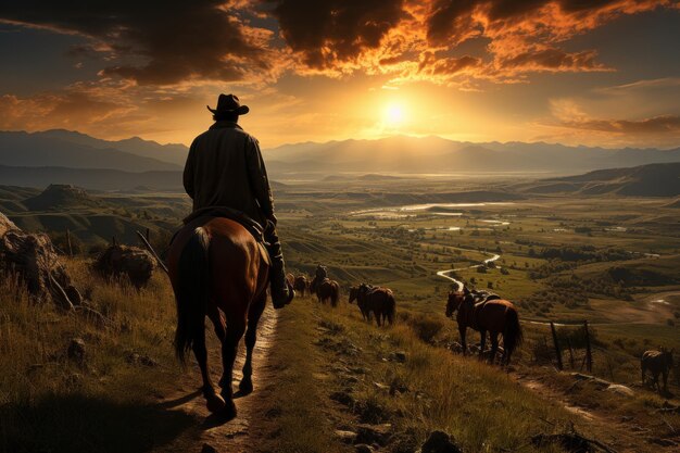 Foto cowboy e seu cavalo pastoreando gado em uma extensiva pradaria ai generativa