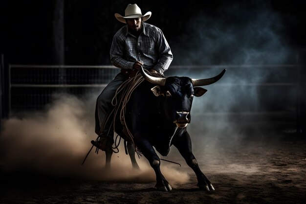 Foto cowboy em cavalo laçando touro rede neural gerada por ia