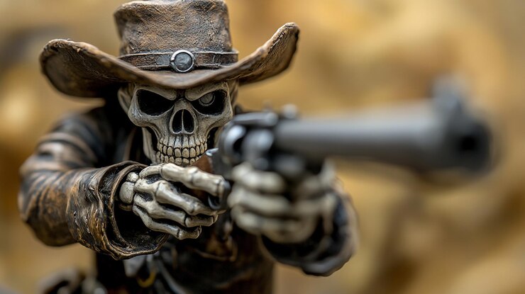 Un cowboy esquelético amenazante apuntando un revólver en un escenario occidental dramático y espeluznante