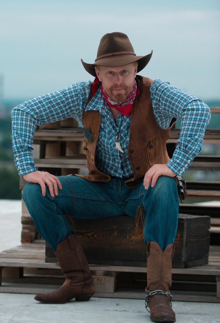 Foto cowboy homem oeste americano oeste selvagem com cara engraçado cowboy