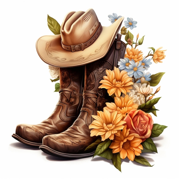 Cowboy-Leben mit Eidechsenhautstiefeln und Strohhut mit Blumen