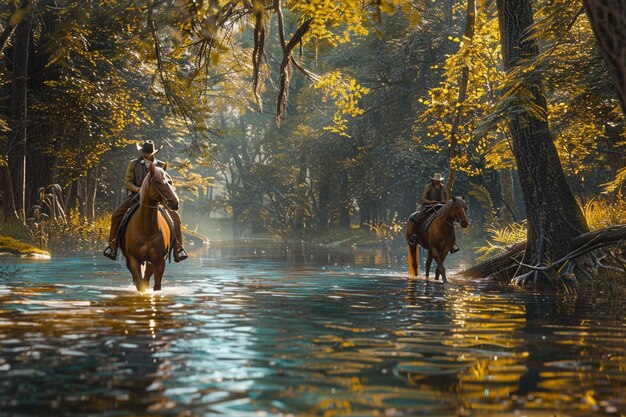 Cowboy levando seu cavalo através de um rio raso c