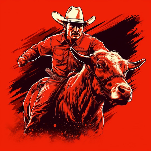 cowboy montando um touro com um fundo vermelho generativo ai