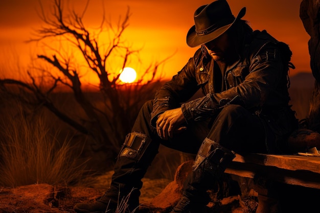 Cowboy no deserto ao pôr do sol Um homem apreciando um lindo pôr do sol enquanto está sentado em um banco