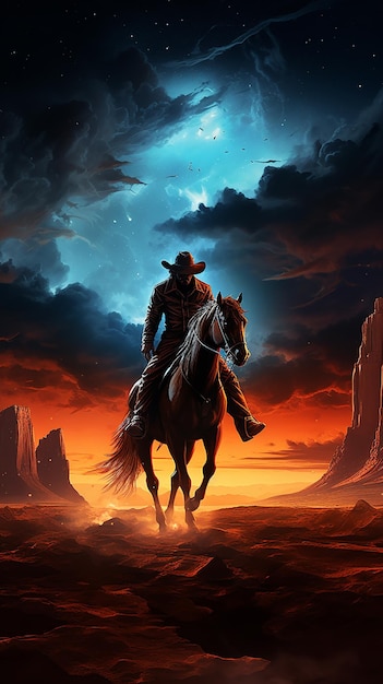 Cowboy occidental montando su caballo por la noche bajo la Vía Láctea escena de anime HDR del desierto de la galaxia