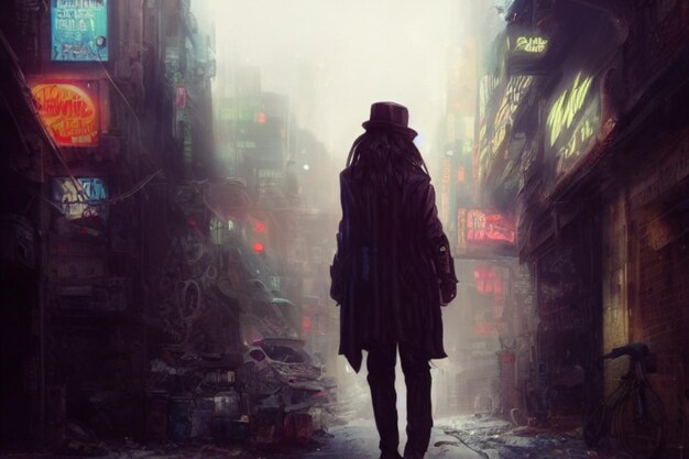 Cowboy parado em um beco sujo em uma cidade cyberpunk