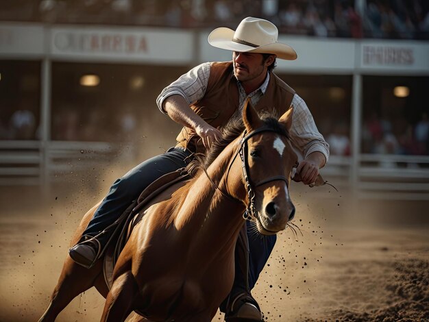 Cowboy participando en una competencia de cuerda de ternero Rodeo profesional celebrado en Las Vegas Nevada
