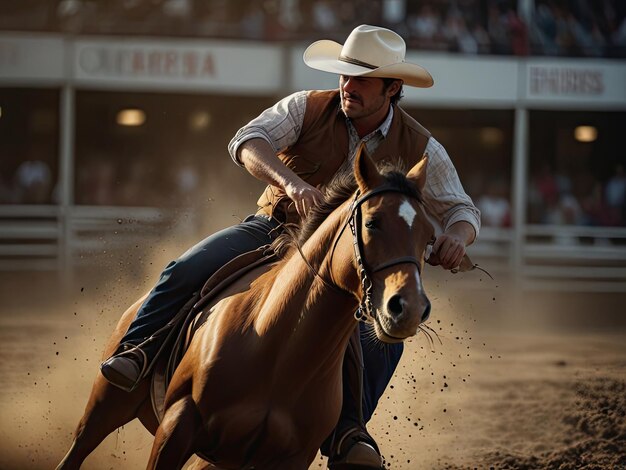 Foto cowboy participando en una competencia de cuerda de ternero rodeo profesional celebrado en las vegas nevada