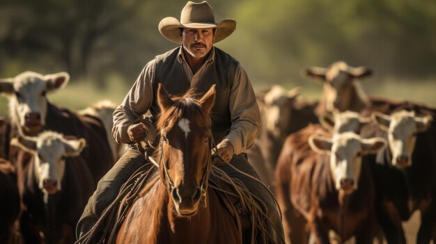 Cowboy pastoreando gado em uma fazenda