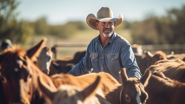 Cowboy pastoreando gado em uma fazenda