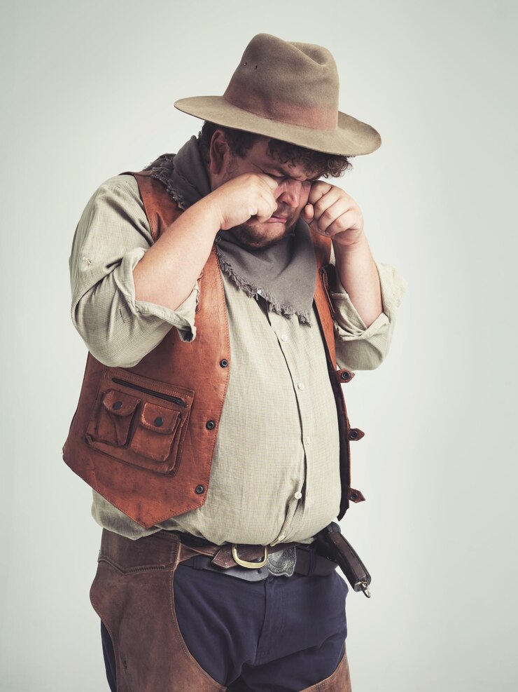 Foto cowboy pessoa chorando e triste em estúdio bandido e homem de tamanho maior em fundo branco vestir-se falso e roupa de halloween ou personagem criminosos do texas e vintage para tema retro em traje