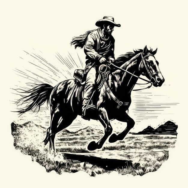 Cowboy reitet auf einem Pferd Schwarz-Weiß-Illustration KI-generiertes Bild