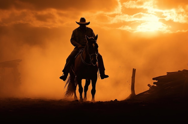 Cowboy reitet Pferd bei Sonnenuntergang