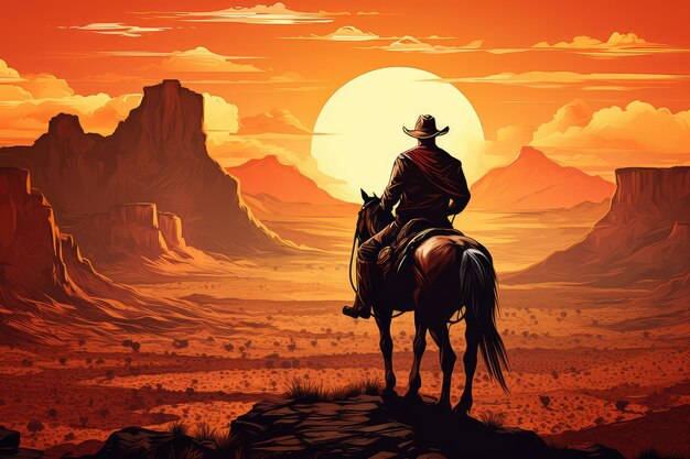 Cowboy Rider in den Bergen bei Sonnenuntergang im Vintage-Stil