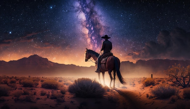 Cowboy senta-se em um cavalo sob um céu noturno belíssimo Generative AI