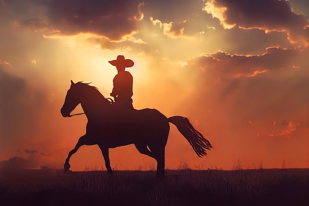 Cowboy solitário ao pôr do sol Fim de um design de filme de cowboy 3d ilustrado