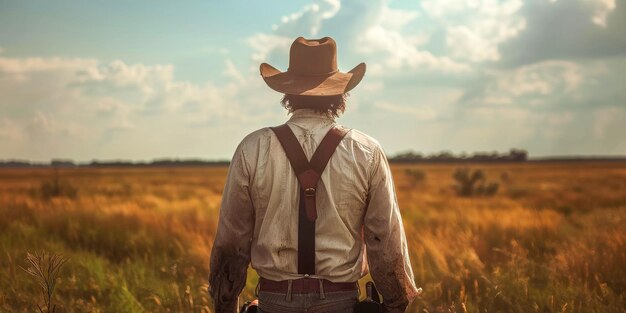 Cowboy solitário contemplando a pradaria aberta ao pôr-do-sol