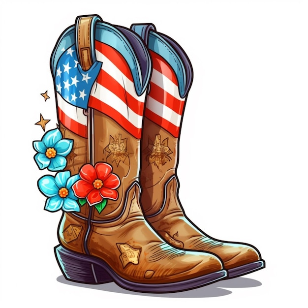 Cowboy-Stiefel mit amerikanischer Flagge und Blumen