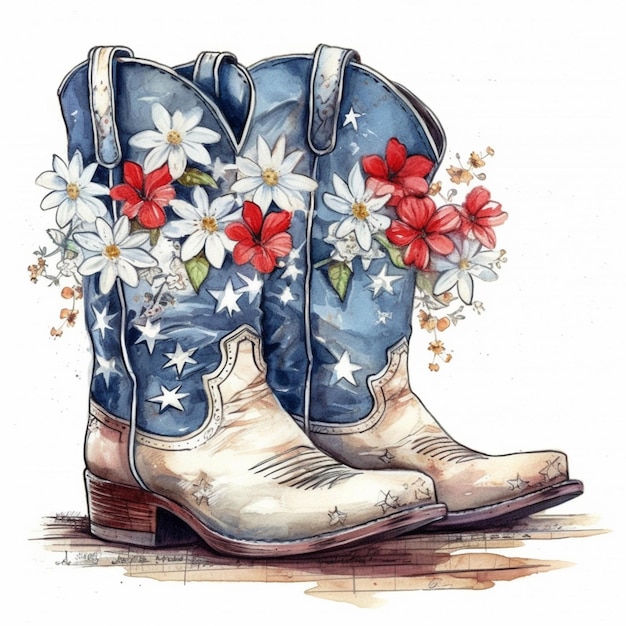 Cowboy-Stiefel mit Blumen und Sternen gemalt generativ ai