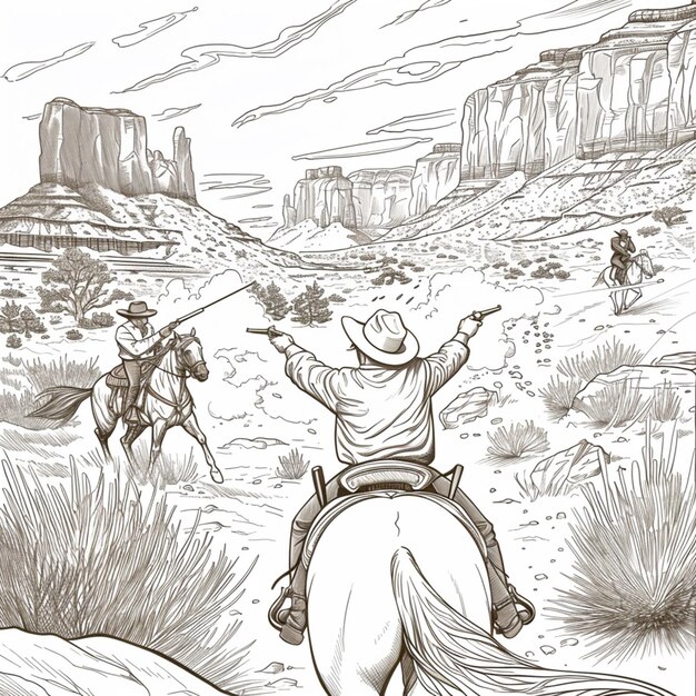 Foto cowboys a cavalo numa paisagem desértica com um cowboy apontando para algo generativo ai