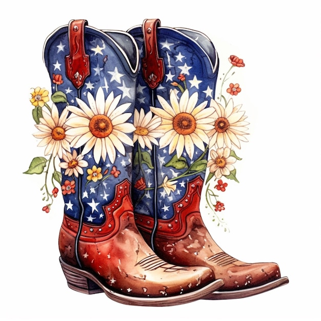 Cowboystiefel mit aufgemalten Sonnenblumen und Sternen generative KI