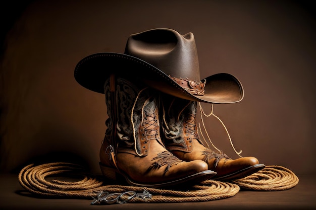 Foto cowboystiefel mit spitzen nasen und daneben hut mit seil