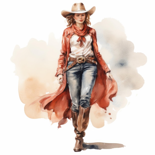 Cowgirl de acuarela con chaqueta roja y botas diseño de vestuario elegante