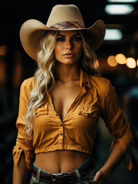 Cowgirl Attraktive Mädchen Reiter Ranch Reiten auf einem Pferd Weide Kopfschmuck Hut Texas Kleidung Schäferin weiblich