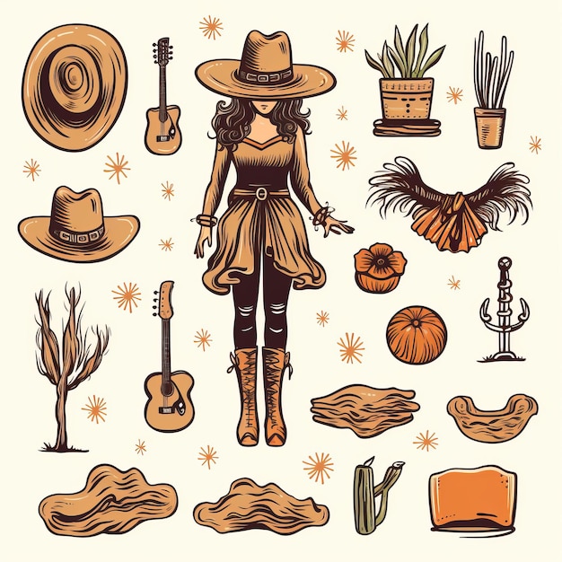 Foto cowgirl chic coastal doodles en el estilo de azulejos vectorial en un fondo blanco