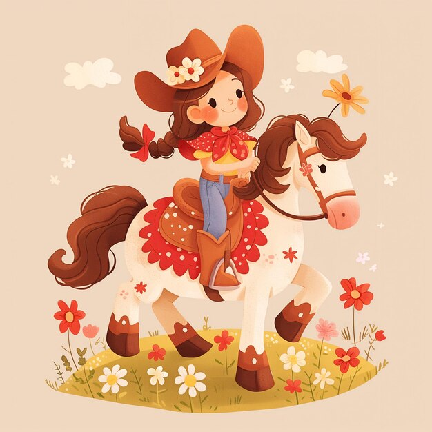 Foto una cowgirl linda montando un hermoso caballo adorable ilustración de acuarela sencilla infantil