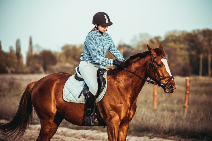 Cowgirl mit Hut steht neben einem Pferd auf einem Feld