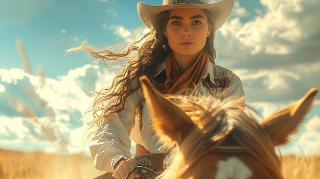 Cowgirl montando em seu cavalo