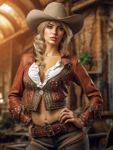 Cowgirl quente no chapéu de cowboy e calças de couro oeste selvagem